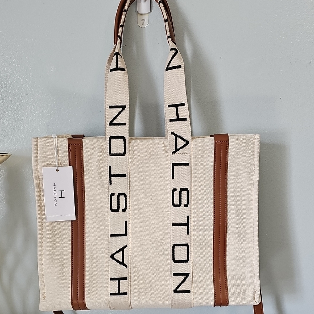 NWT! Halston Heritage Cream Canvas Tote with Brown Trim and Logo Straps